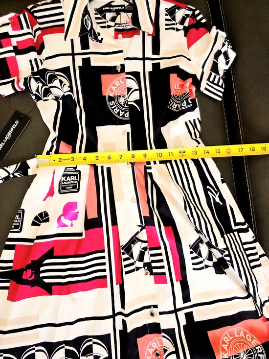 NWT Karl Lagerfeld Paris Logo Printed Shirt Dress Black White Coral Pink - US 2 - Picture 11 of 12